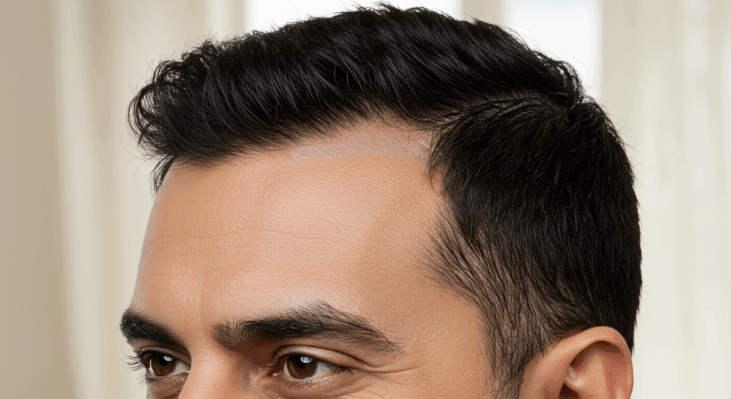 Immagine ravvicinata di un uomo con l'attaccatura dei capelli che si ritira, che guarda di lato con un'espressione seria.