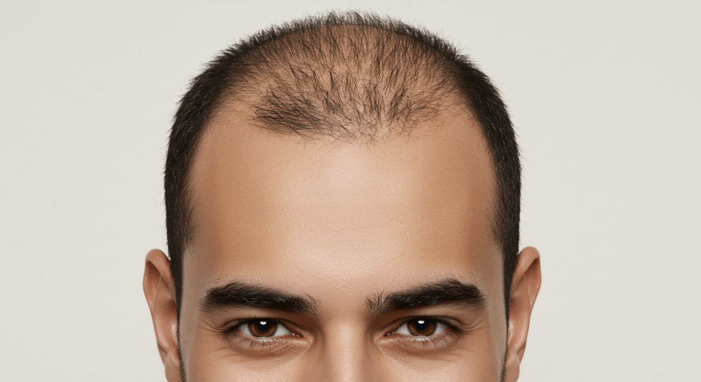 Immagine ravvicinata di un uomo che guarda verso l'alto con un'espressione seria, mostrando segni di caduta dei capelli sulla fronte.