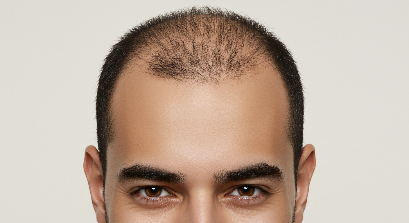 Eine Nahaufnahme eines Mannes, der mit ernstem Gesichtsausdruck nach oben blickt und auf der Stirn Anzeichen von Haarausfall zeigt.