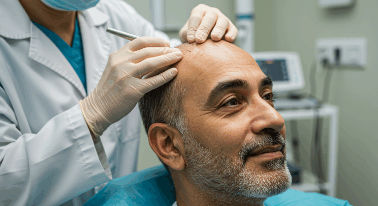 Ein Arzt untersucht den Kopf eines Patienten in einer klinischen Umgebung.