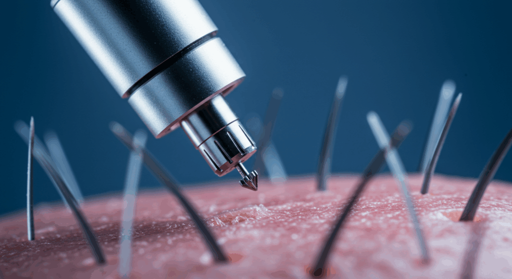 A close-up image of a pen tip touching human skin with visible pores and hairs, set against a blue background.