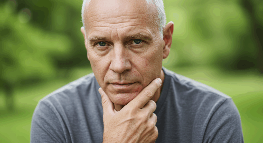 Ein Mann mit Glatze und nachdenklichem Gesichtsausdruck, der sein Kinn auf die Hand stützt, vor einem grünen Hintergrund im Freien.