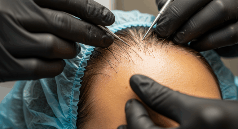 Nahaufnahme einer Person bei einer Haarbehandlung. Die Person trägt eine blaue OP-Haube und schwarze Handschuhe, während an ihrer Kopfhaut ein Werkzeug verwendet wird.