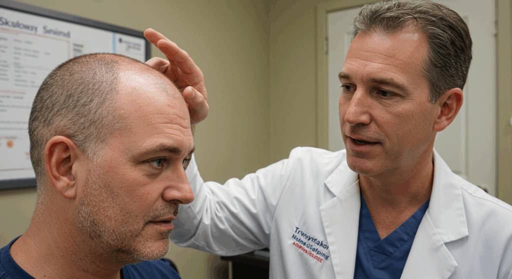 A doctor in a white lab coat and blue scrubs is examining a patient's scalp. The doctor is holding the patient's head with one hand while inspecting it closely. In the background, there is a poster on the wall with medical information.