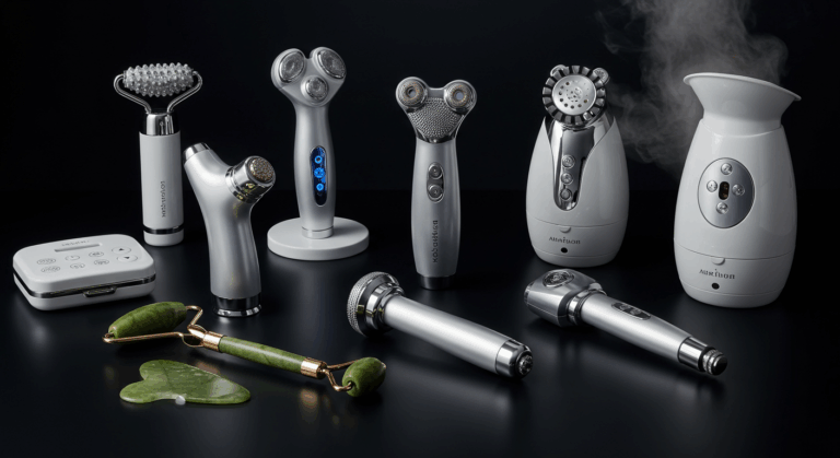 Una collezione di moderni dispositivi per la cura della pelle, tra cui vari tipi di rulli per il viso, vaporizzatori e altri strumenti di bellezza, disposti su uno sfondo scuro. Alcuni dispositivi sono dotati di display e comandi digitali, mentre altri sono realizzati con materiali naturali come la giada.