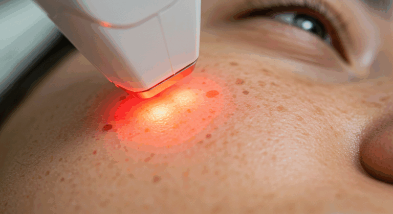 صورة مقربة لوجه شخص يخضع لعلاج بالليزر باستخدام شعاع ليزر أحمر موجه إلى منطقة معينة من الجلد، ومن المرجح أن يكون ذلك لإجراء تجميلي.