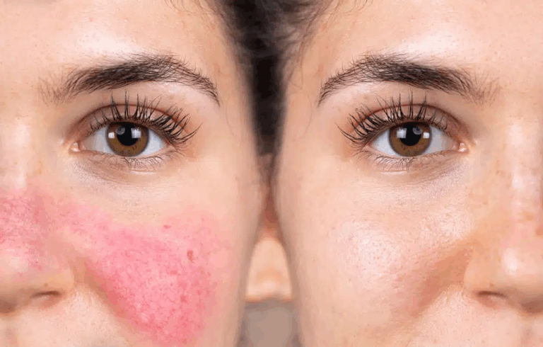 Before and after comparison of a person's skin showing the effects of a skincare treatment, highlighting significant improvement in skin texture and reduction of redness.