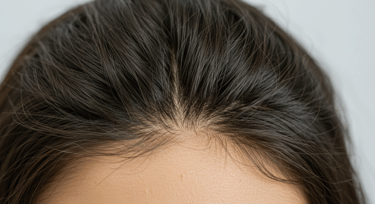 Eine Nahaufnahme des Hinterkopfes einer Person mit Fokus auf Haar und Kopfhaut. Das Haar scheint dunkel zu sein, mit einigen sichtbaren grauen Strähnen, und die Kopfhaut ist aufgrund des Haarscheitels teilweise sichtbar.