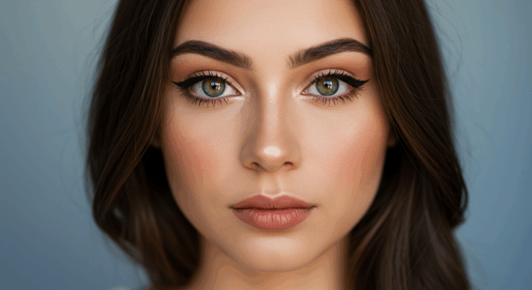 Портрет крупным планом женщины с яркими зелеными глазами и каштановыми волосами, с естественным макияжем на синем фоне.