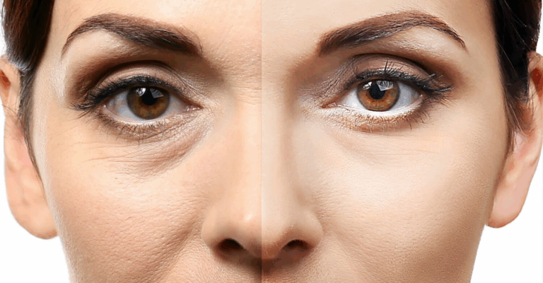 Сравнение глаз человека до и после с заметными изменениями текстуры кожи и макияжа.
