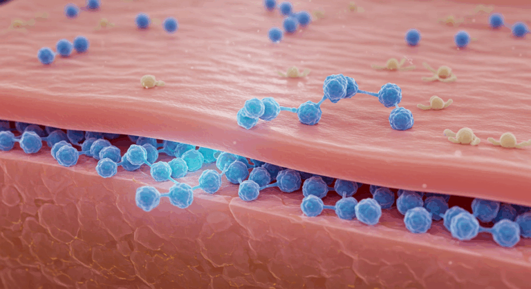 A microscopic illustration of bacteria interacting with skin cells. Blue and yellow spherical bacteria are shown adhering to and invading the skin's layers.