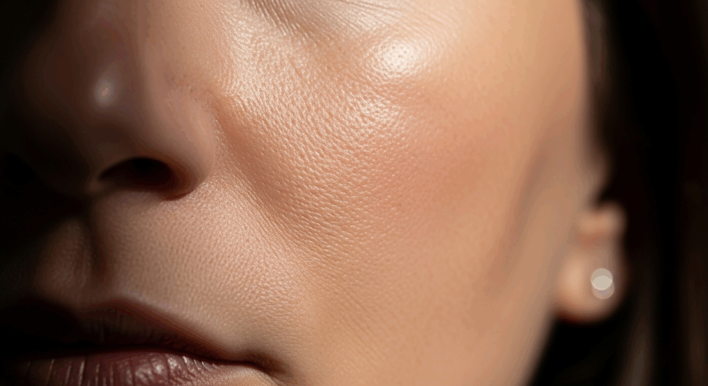 A close-up photograph of a person's face, focusing on the cheek and lips. The image highlights the texture of the skin and the contour of the face.
