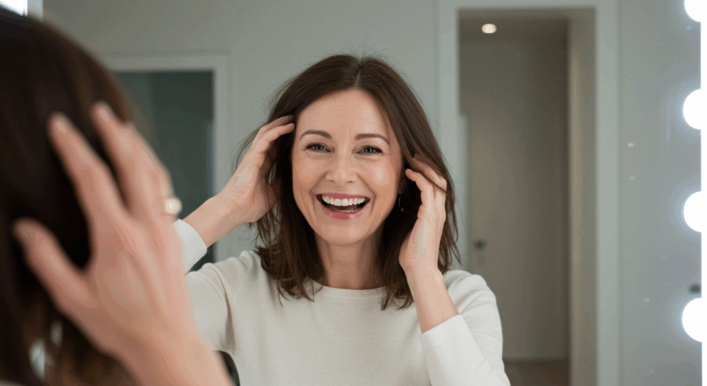 Kısa kahverengi saçlı, gülümseyen bir kadın, aynadaki yansımasına bakarken saçlarını düzeltiyor. Beyaz bir kazak giymiş ve aynanın etrafında makyaj lambaları bulunan iyi aydınlatılmış bir odada görünüyor.
