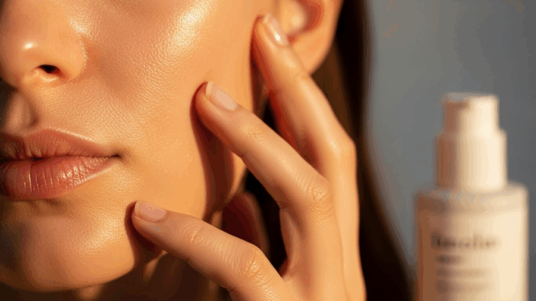 A person is shown applying a skincare product to their face. The individual is gently spreading the product with their fingers, and a bottle of the skincare product is visible in the background.