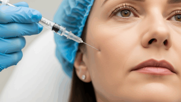 A close-up image of a person receiving a cosmetic injection on their face from a healthcare professional wearing blue gloves.