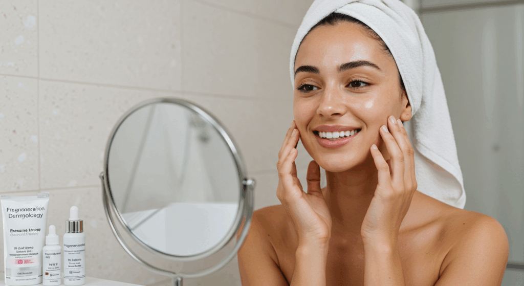 A woman with a towel on her head is applying cream to her face while looking in a mirror. Several skincare products are visible on the counter next to the mirror.