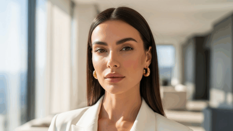 A professional woman with long dark hair and gold hoop earrings poses confidently in an office setting. She is wearing a white blazer and is positioned near a large window that lets in natural light.