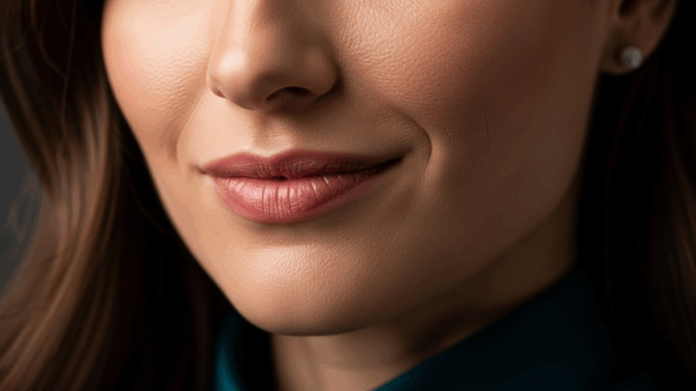 A close-up photograph of a person's face, focusing on the lips and nose. The person has smooth skin and is smiling slightly. The image is taken from a side angle, highlighting facial features.