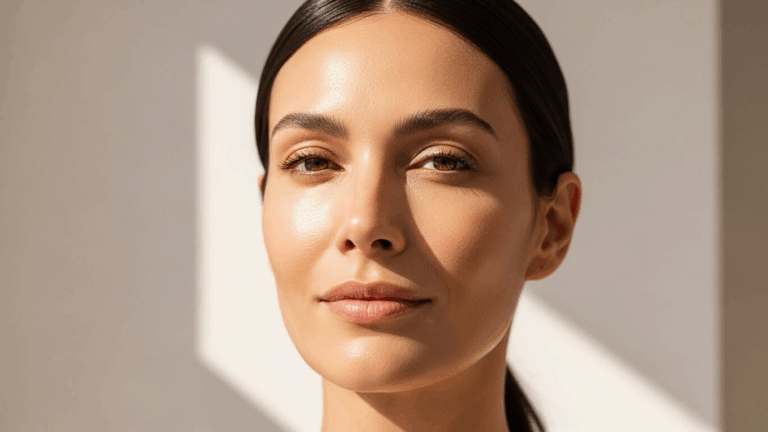 A close-up portrait of a woman with smooth skin and dark hair, looking directly at the camera with soft lighting.
