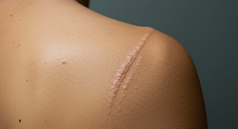 A close-up image of a person's shoulder with a visible surgical scar.