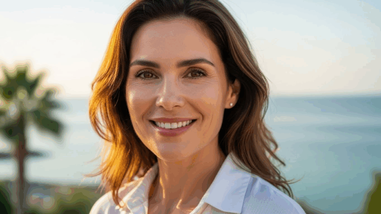 A smiling woman with medium-length brown hair, wearing a light-colored shirt, stands outdoors with a scenic ocean view and palm trees in the background.