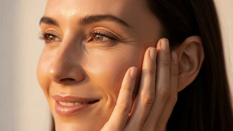 A woman smiling and touching her face, showcasing healthy and glowing skin.