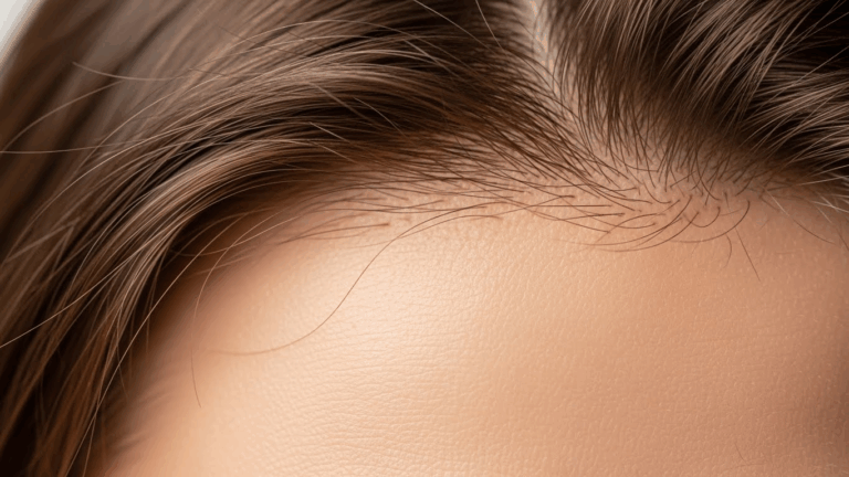 A close-up image of a person's scalp with visible hair strands and some hair loss, highlighting the skin and remaining hair.