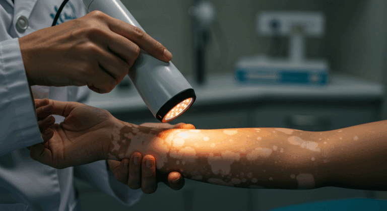 A doctor examining a patient's arm with visible vitiligo patches using a medical device, likely for treatment or examination.