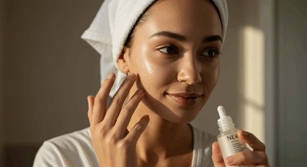 A woman wearing a white towel on her head is applying a skincare product to her face. She is holding a small bottle of the product in her right hand.