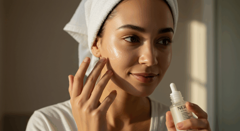 A woman wearing a white towel on her head is applying a skincare product to her face. She is holding a small bottle of the product in her right hand.