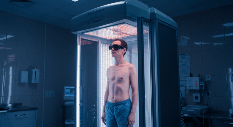 A shirtless man wearing sunglasses stands in a medical or scientific chamber with a red light above him. The room is equipped with various medical devices and has a blueish tint.