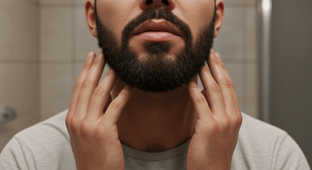 Un hombre con barba se toca el cuello mientras mira a la cámara.