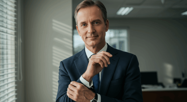 Профессиональный мужчина в костюме и галстуке уверенно улыбается в офисной обстановке.