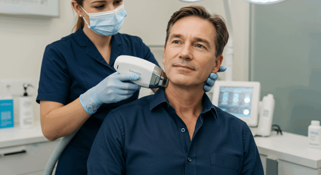 طبيب أسنان يفحص أسنان المريض باستخدام أداة الأسنان في بيئة سريرية.