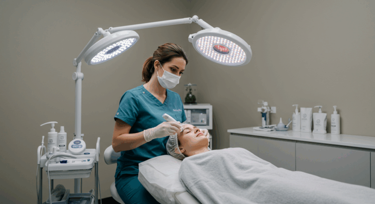 A medical professional performing a procedure on a patient's face in a clinical setting with specialized lighting and equipment.