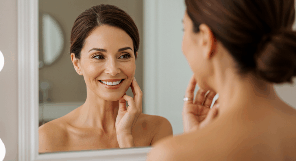 A smiling woman looking at her reflection in a mirror, touching her cheek with her right hand and her neck with her left hand.