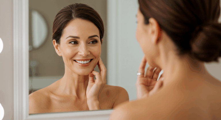 Улыбающаяся женщина смотрит на свое отражение в зеркале, касаясь щеки правой рукой и шеи левой рукой.