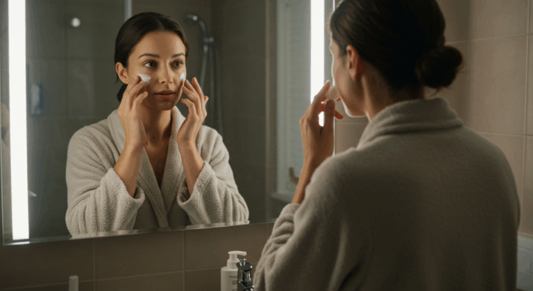 A woman wearing a robe is applying cream to her face while looking at her reflection in a bathroom mirror. She is holding a jar of cream in one hand and gently applying it to her skin with the other hand.
