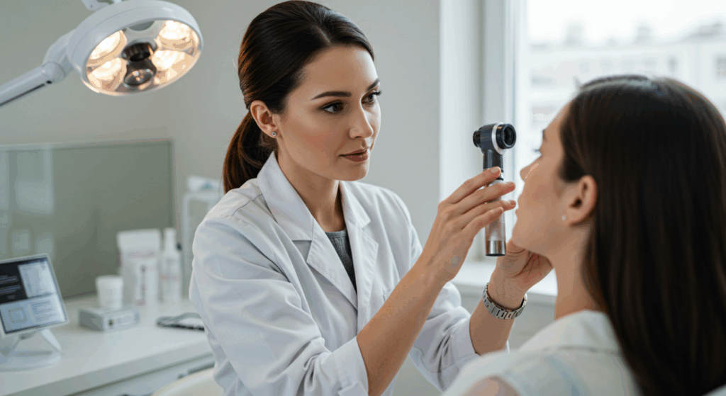 A doctor examining a patient's ear using an otoscope in a clinical setting.