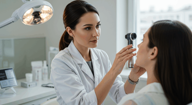 A doctor examining a patient's ear using an otoscope in a clinical setting.