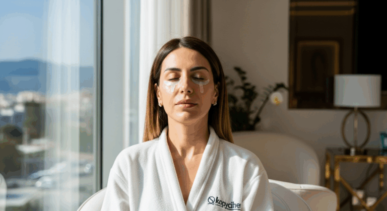 A woman with her eyes closed, wearing a white robe and face mask, sitting in a chair by a window with a city view.