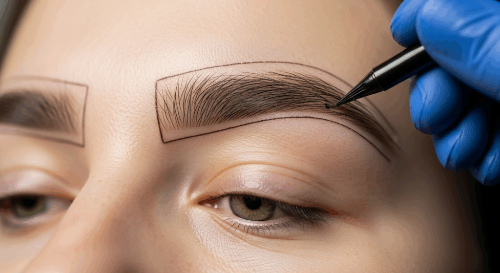 A close-up image of a person's face undergoing a cosmetic procedure to shape and define the eyebrows. A professional is using a tool to draw the brow shape on the person's forehead.
