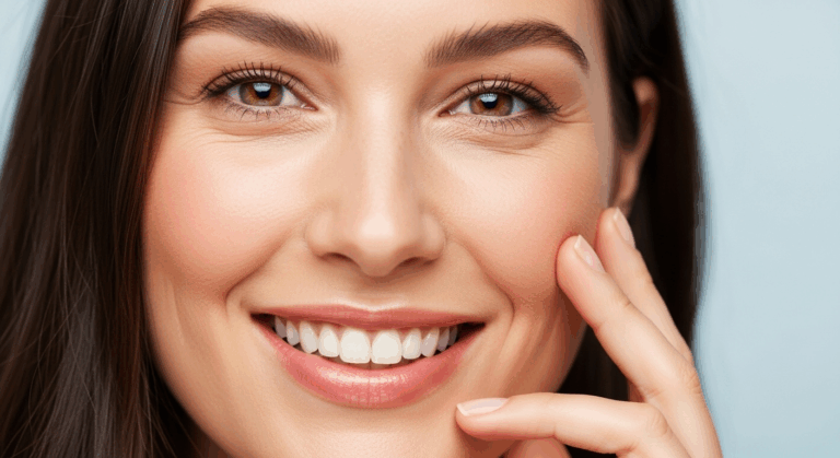 صورة مقربة لامرأة مبتسمة ذات شعر بني، تلمس وجهها بيدها اليمنى، على خلفية زرقاء فاتحة.