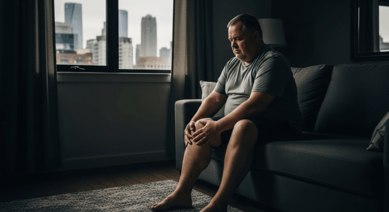 A man is sitting on a couch, holding his knee in pain while looking out of a window with a city view in the background.
