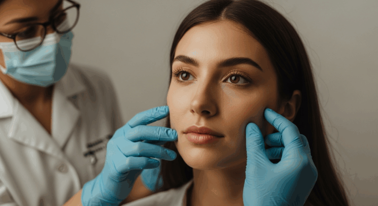 طبيب يفحص وجه امرأة شابة، مع التركيز على منطقة الفك، بينما يرتدي قفازات واقية وقناعًا.