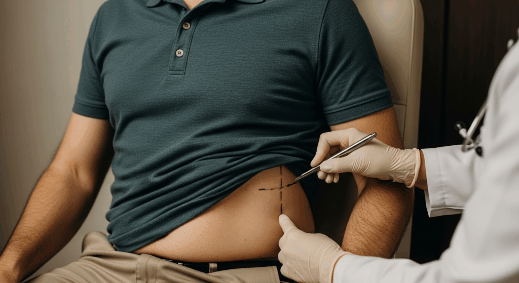 A doctor marking a patient's abdomen with a marker while the patient is seated on an examination chair.