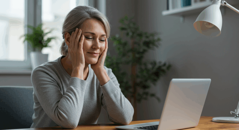 Женщина с седыми волосами сидит за столом с ноутбуком, выглядя уставшей или напряженной. Она подперев голову руками, смотрит на экран ноутбука.