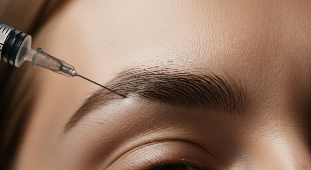 A close-up image of a person receiving an injection near their eye, likely for a cosmetic procedure.