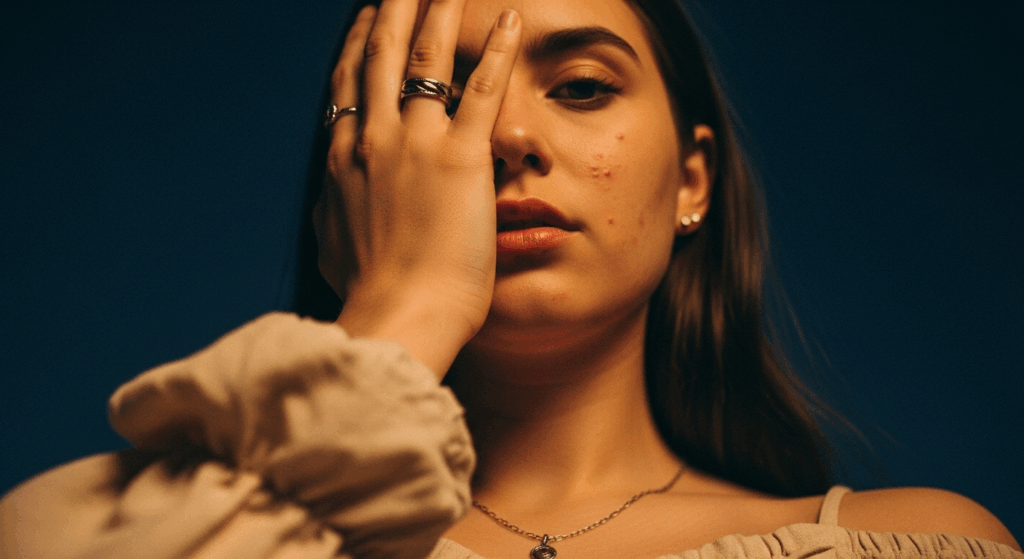 Una donna con i capelli scuri e il rossetto rosso posa su uno sfondo blu, tenendo un pezzo di stoffa sul viso.