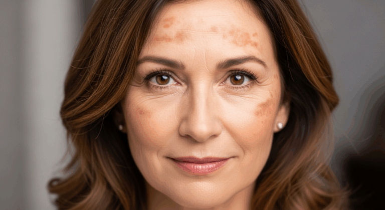 A close-up portrait of a woman with brown hair and visible freckles on her face, looking directly at the camera with a slight smile.